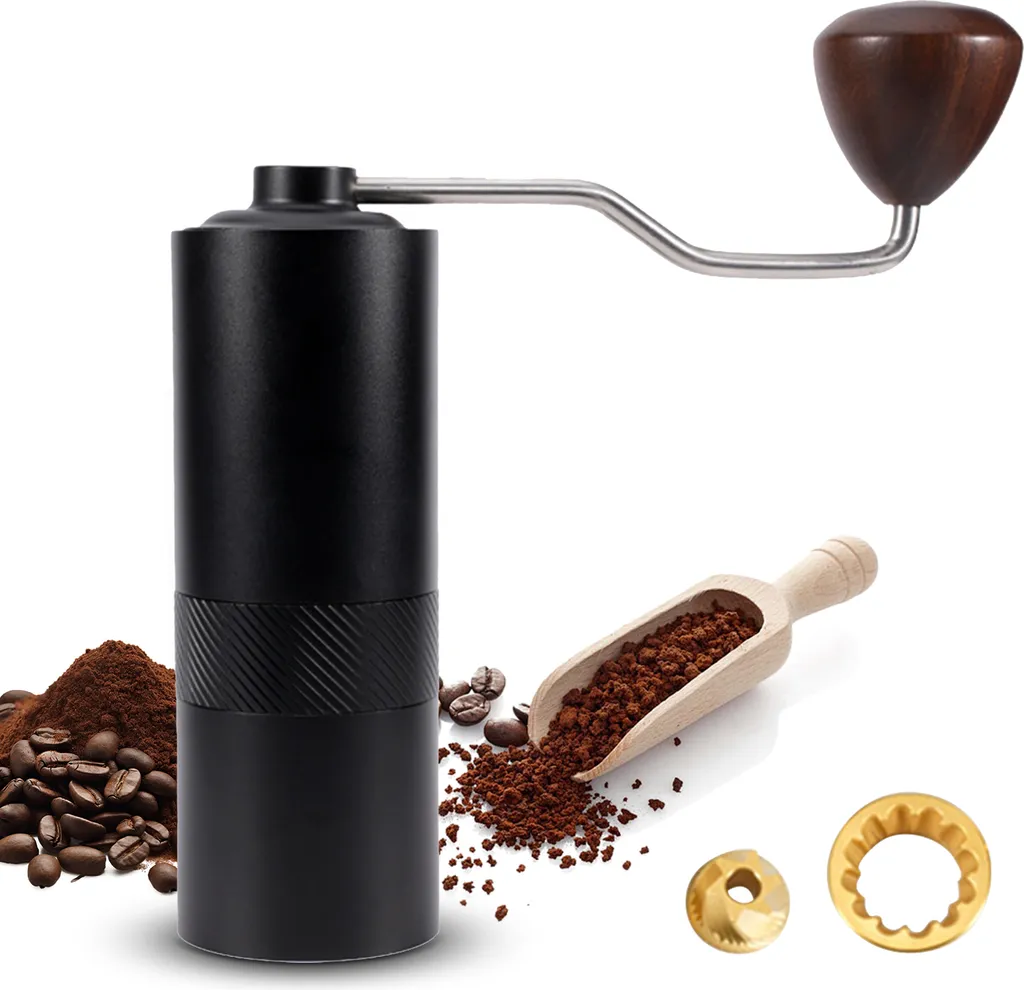 Lutz Manual coffee grinder with ergonomic wooden crank, 6-core conical burr grinder, digitally adjustable grind setting, portable coffee grinder for espresso, pour over, mocha, Turkish filter coffee