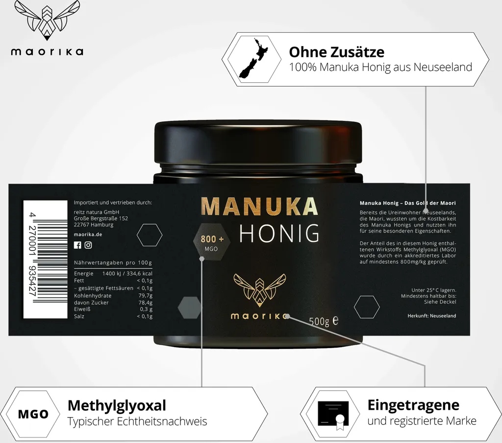 Manuka Honey 800 MGO - 500g in a glass jar (opaque, no plastic) - Original from New Zealand - maorika 500g