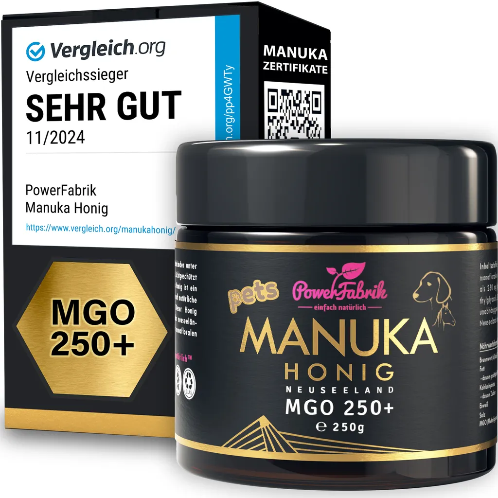 PowerFabrik simply natural Manuka Honey for animals | MGO 250+ | 250g | HALAL | The ORIGINAL from NEW ZEALAND | Manuka Pets | PURE, RAW & | 100% natural | PowerFabrik