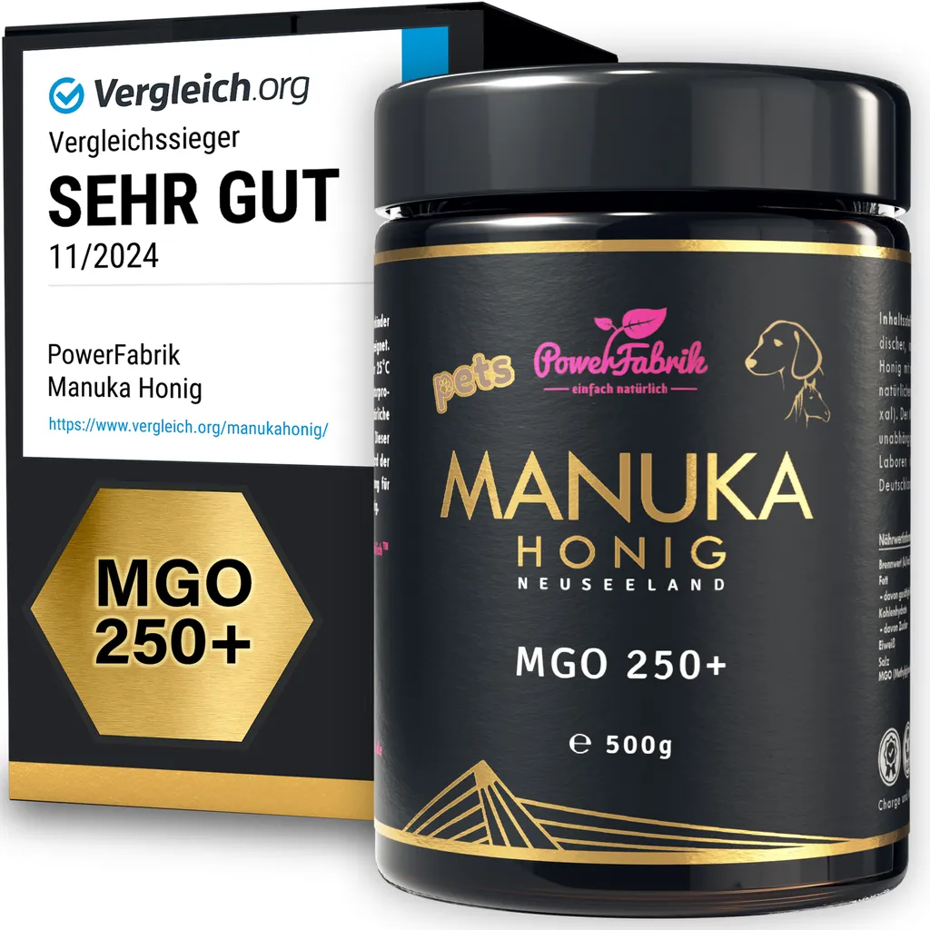 PowerFabrik simply natural Manuka Honey for animals | MGO 250+ | 500g | HALAL | The ORIGINAL from NEW ZEALAND | Manuka Pets | PURE, RAW & | 100% natural | PowerFabrik