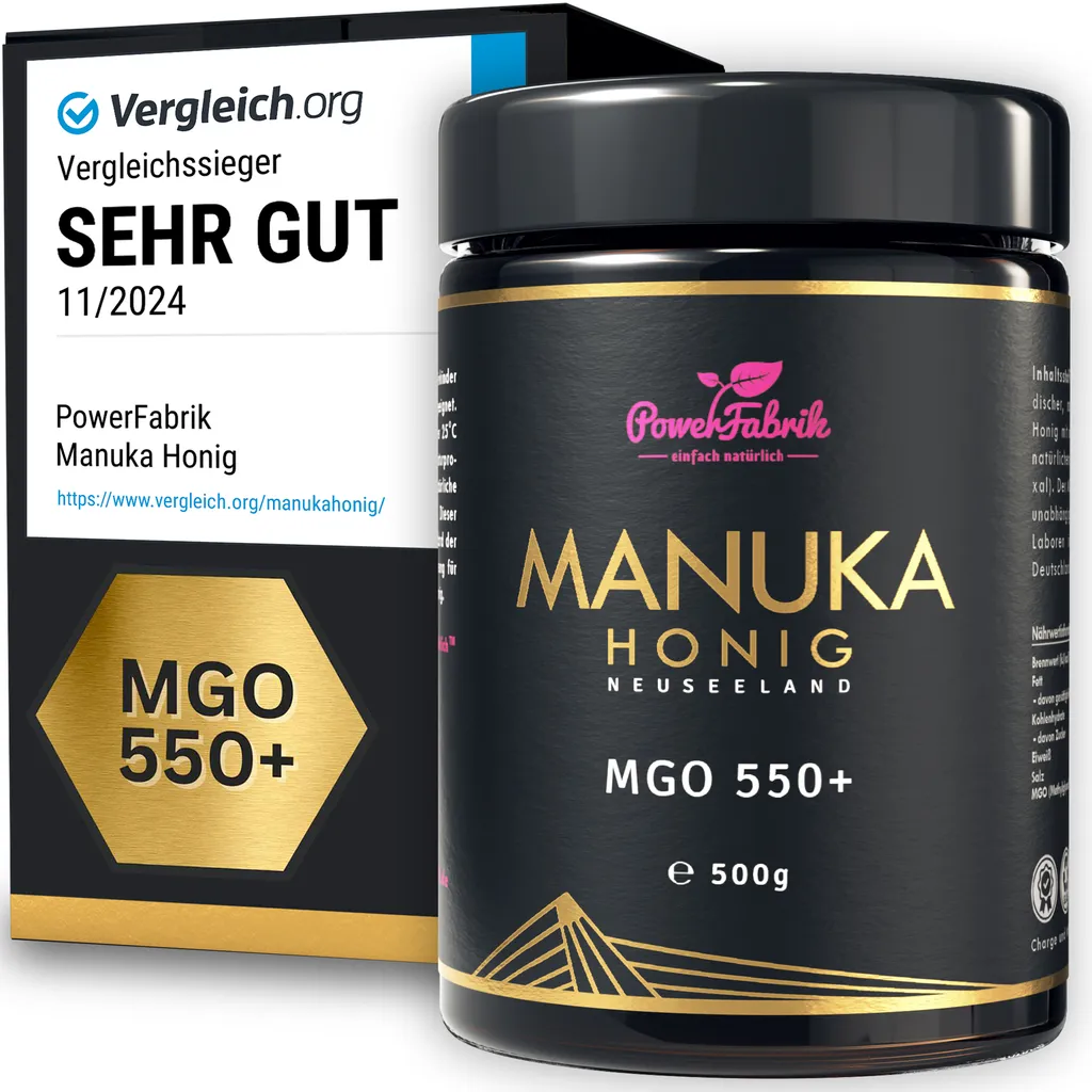 PowerFabrik simply natural Manuka Honey | MGO 550+ | 500g | HALAL | The ORIGINAL from NEW ZEALAND | In a glass jar | 100% natural | PowerFabrik