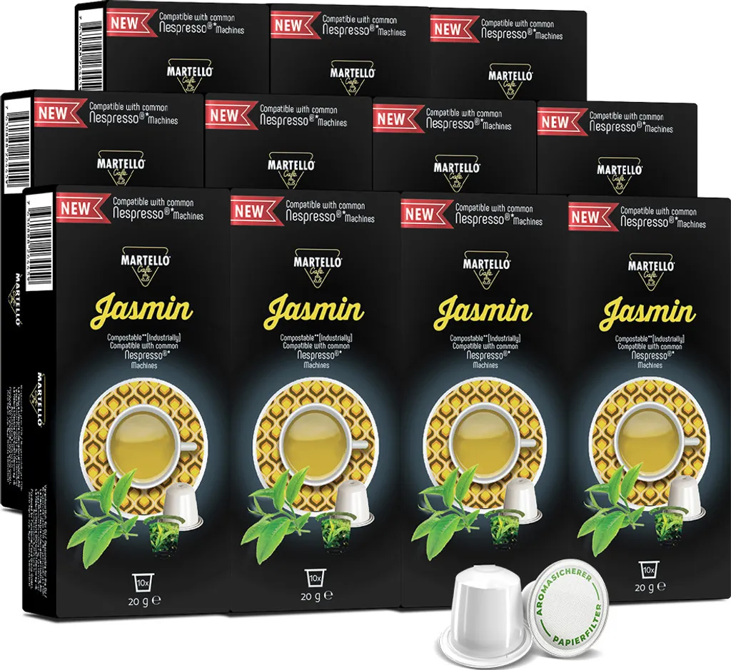 MARTELLO Cafe Martello JASMINE Tea Capsules - ONLY COMPATIBLE WITH NESPRESSO®* MACHINES - Fresh, aromatic leaves - 110 Capsules (11 x 10)