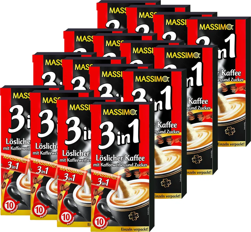 TSI Consumer Goods MASSIMO 3-in-1 Instant Coffee with Whitener Sugar 16 boxes x 10 sticks of 18g / Value Pack