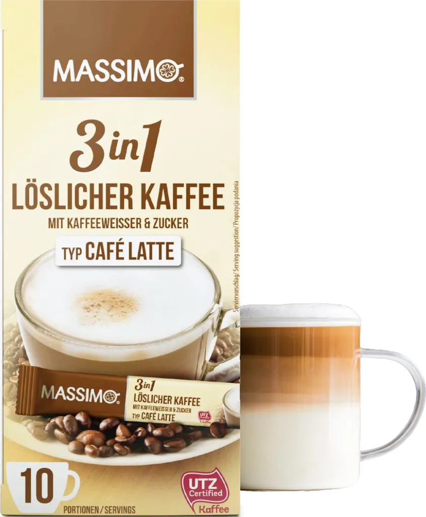 TSI Consumer Goods MASSIMO 3in1 Instant Coffee Type Café Latte 16 boxes of 10 sticks x 125g / Bulk pack of instant coffee