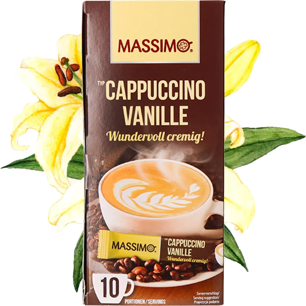 TSI Consumer Goods MASSIMO Cappuccino Vanilla 16 boxes x 125g (10 sticks of 12.5g each) Flavored drink powder with instant coffee and cocoa powder