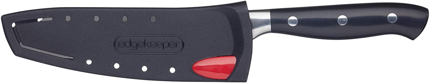 KitchenCraft MasterClass Chef\'s Knife with EdgeKeeper Knife Sharpener Cover, Stainless Steel, Self-Sharping, 20 cm, Black
