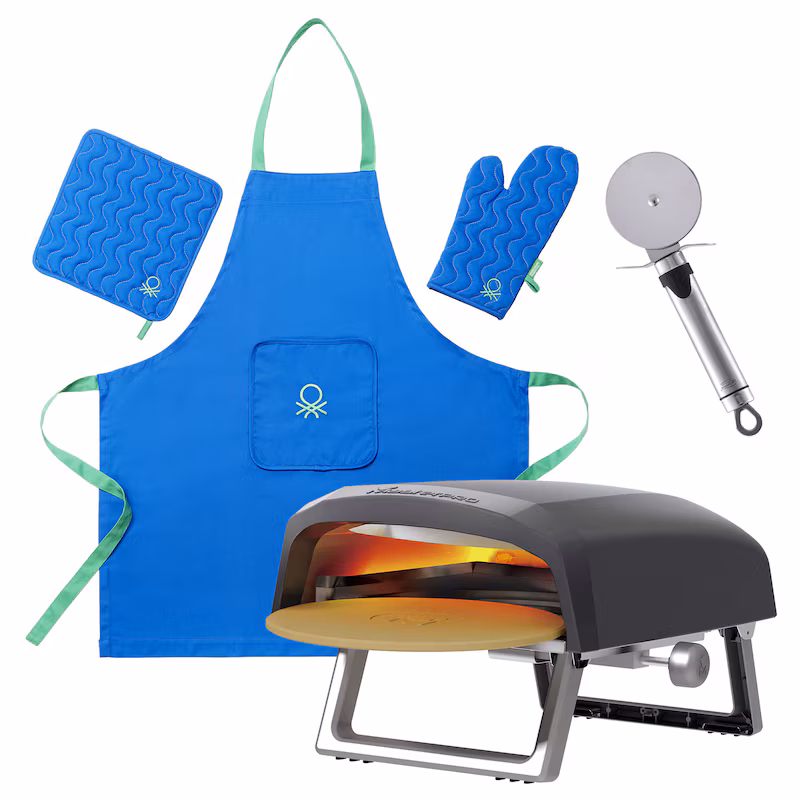 Masterpro - Rotating gas pizza oven 64x42.5x30 cm up to 500 ºC with stainless steel pizza cutter and 3-piece apron set in blue