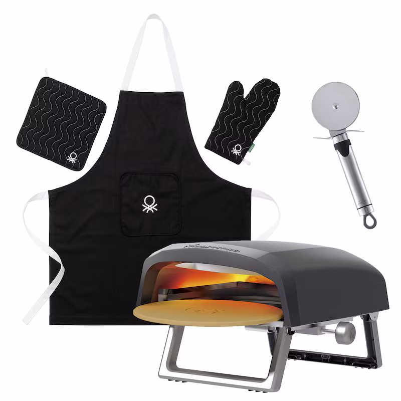 Masterpro - Rotating gas pizza oven 64x42.5x30 cm up to 500 ºC with stainless steel pizza cutter and 3-piece apron set in black