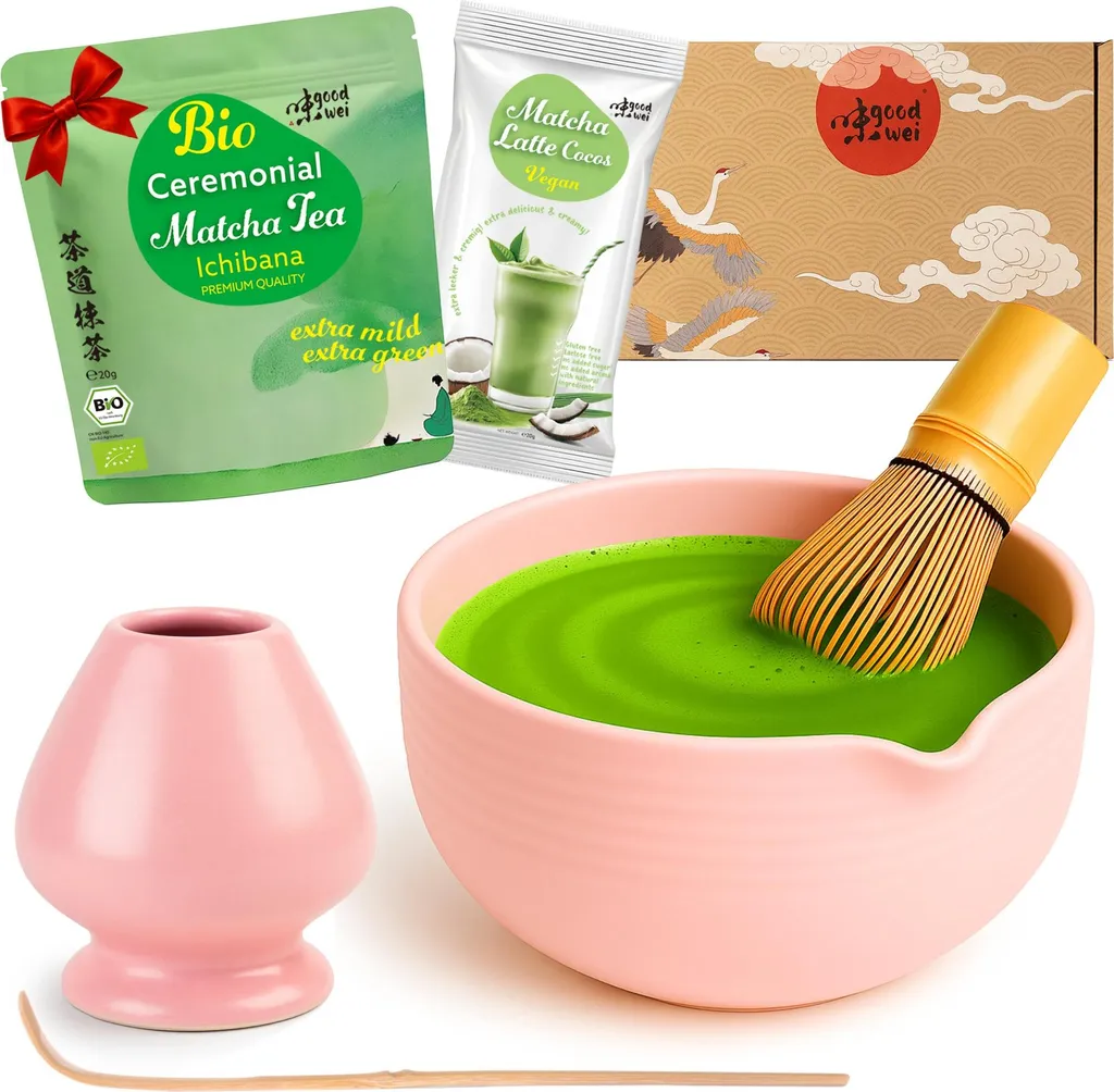 Goodwei Matcha Latte Set "Camellia Pink" with bowl and spout, whisk & matcha powder + coconut – complete set for latte enjoyment & tea ceremony 822g