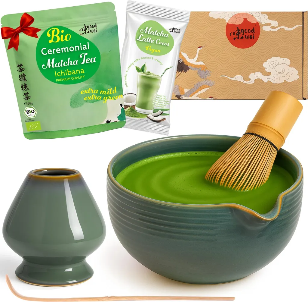 Goodwei Matcha Latte Set "Menouseki Spout" with bowl and spout, whisk, whisk holder & matcha powder + coconut – complete set for latte enjoyment & tea ceremony 860g