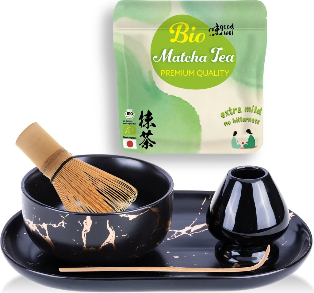 Goodwei Matcha Set "Black Marble" with elegant bowl, whisk, whisk holder & ceramic tray + Matcha & Coconut – a set for matcha lovers 1256g