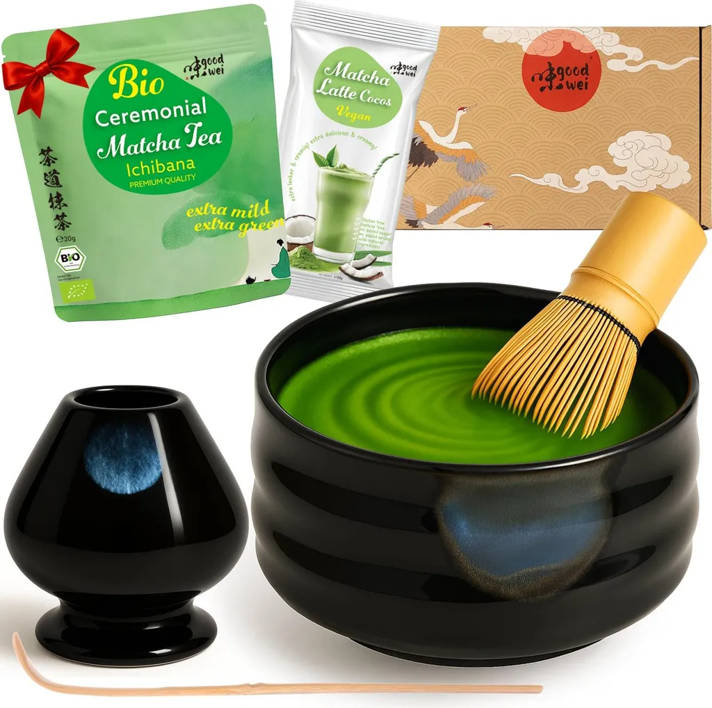 Goodwei Matcha set "Kuro" with tea bowl, broom holder & 20g Ceremonial Matcha - White Bamboo 922g