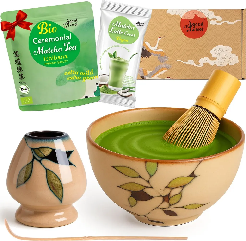 Goodwei Matcha Tea Ceremony Set "Bamboo" with bowl, whisk, whisk holder & matcha powder + coconut – complete Japanese set for beginners 733g