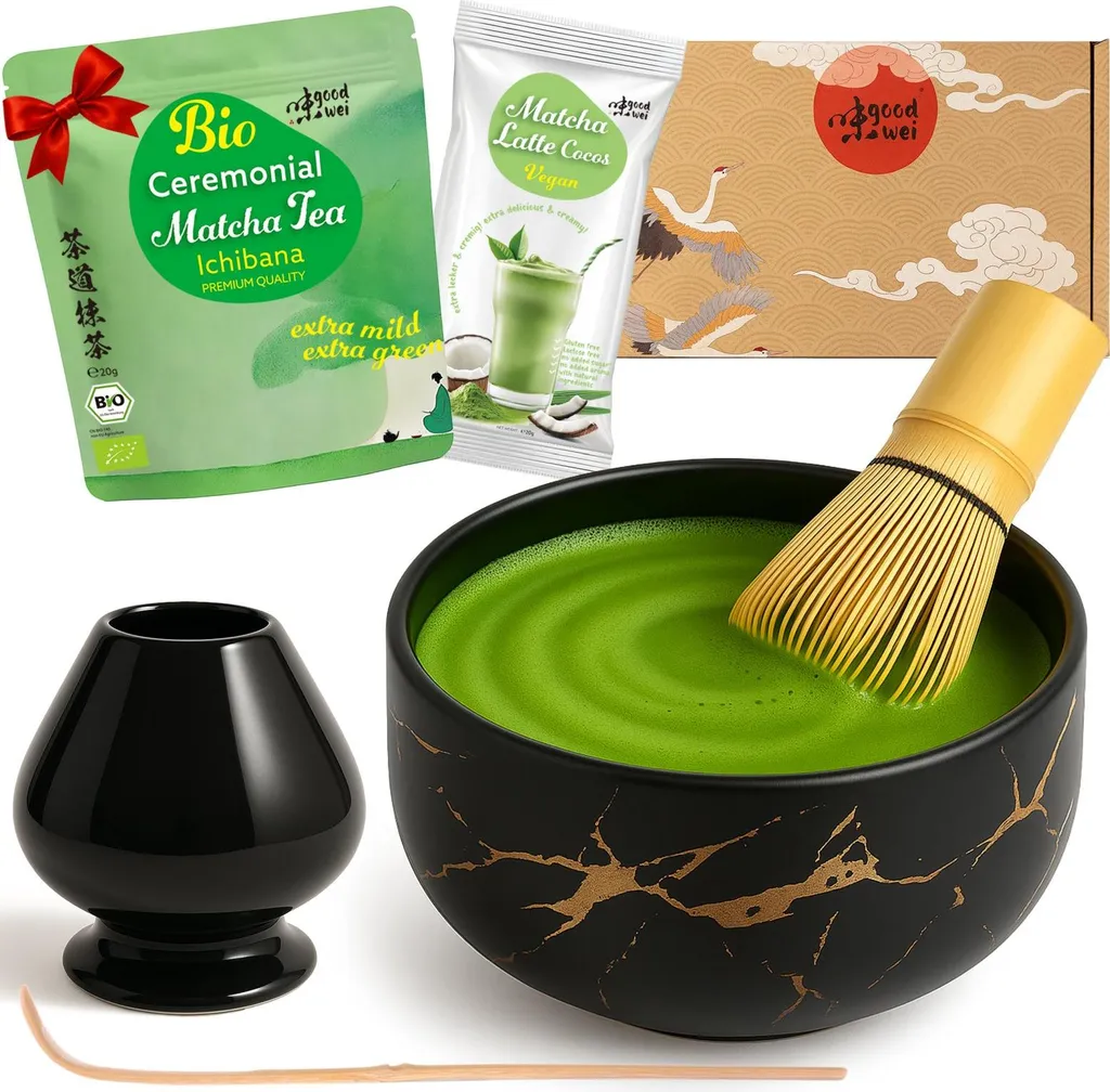Goodwei Matcha Tea Ceremony Set "Black Marble" with bowl, whisk, whisk holder & matcha powder + coconut – elegant complete set for matcha enjoyment and ceremony 743g