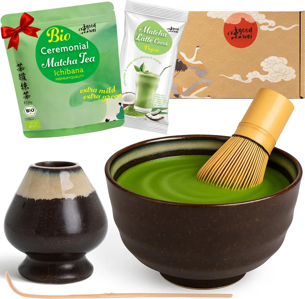 Goodwei Matcha Tea Ceremony Set "Kumo" with bowl, whisk, whisk holder & matcha powder + coconut – complete Japanese set for beginners 610g