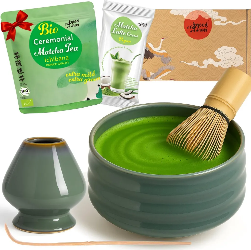 Goodwei Matcha Tea Ceremony Set "Menouseki" with bowl, whisk, whisk holder & matcha powder + coconut – elegant complete set for matcha enjoyment and ceremony 916g