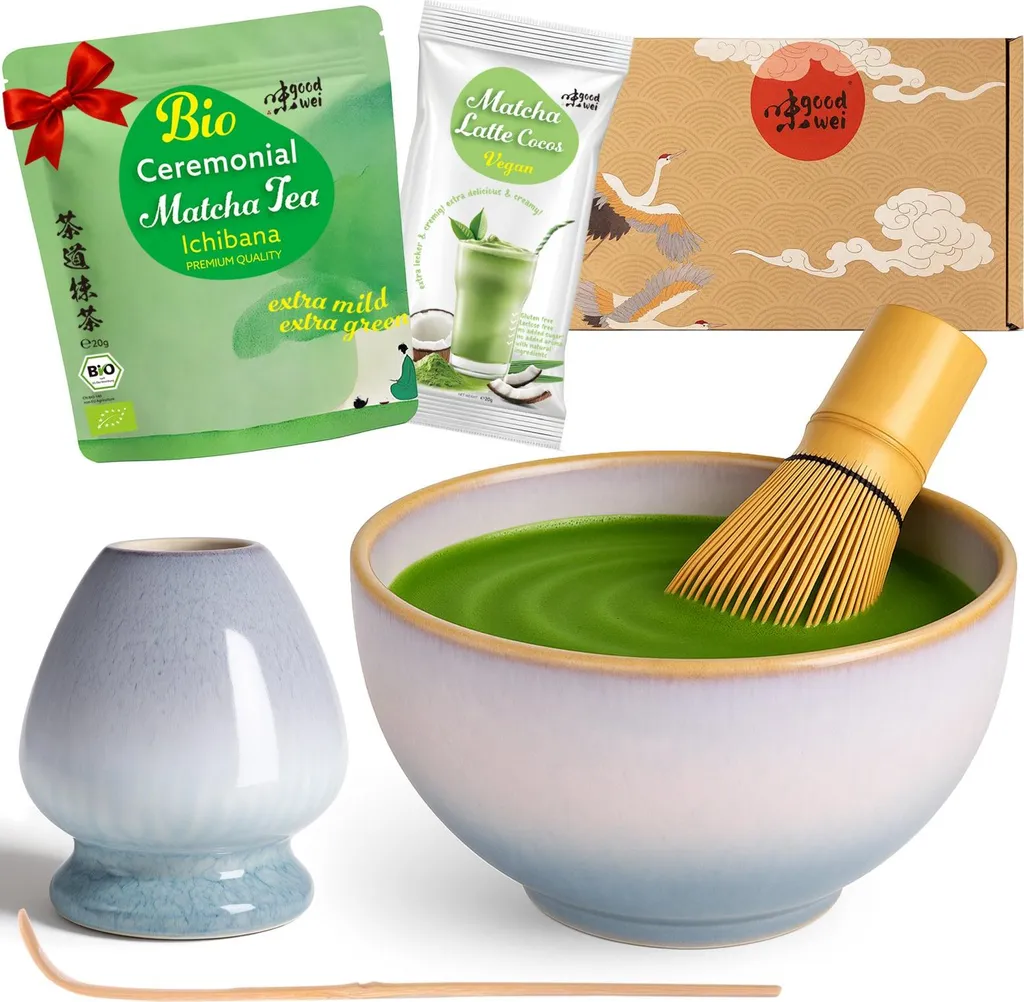Goodwei Matcha Tea Ceremony Set "Moya" with bowl, whisk, whisk holder & matcha powder + coconut – complete Japanese set for beginners 710g