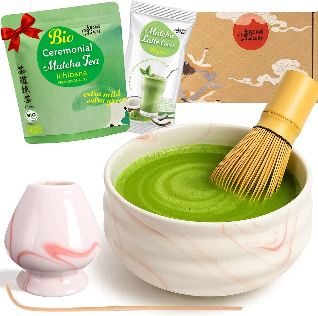 Goodwei Matcha Tea Ceremony Set "Pink Marble" with bowl, whisk, whisk holder & matcha powder + coconut – elegant complete set for matcha enjoyment and ceremony 965g