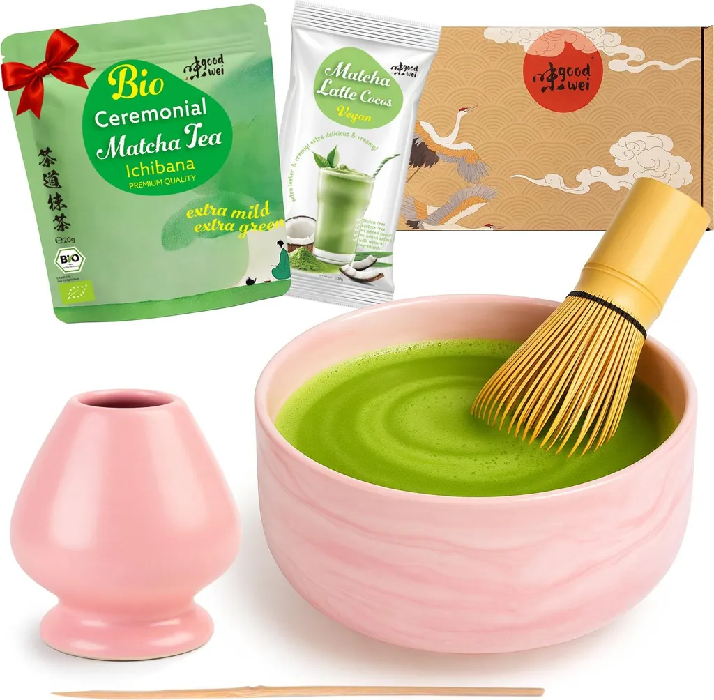 Goodwei Matcha tea ceremony set "Pinku" with bowl, whisk, whisk holder & matcha powder + coconut – elegant complete set for matcha enjoyment and ceremony 668g