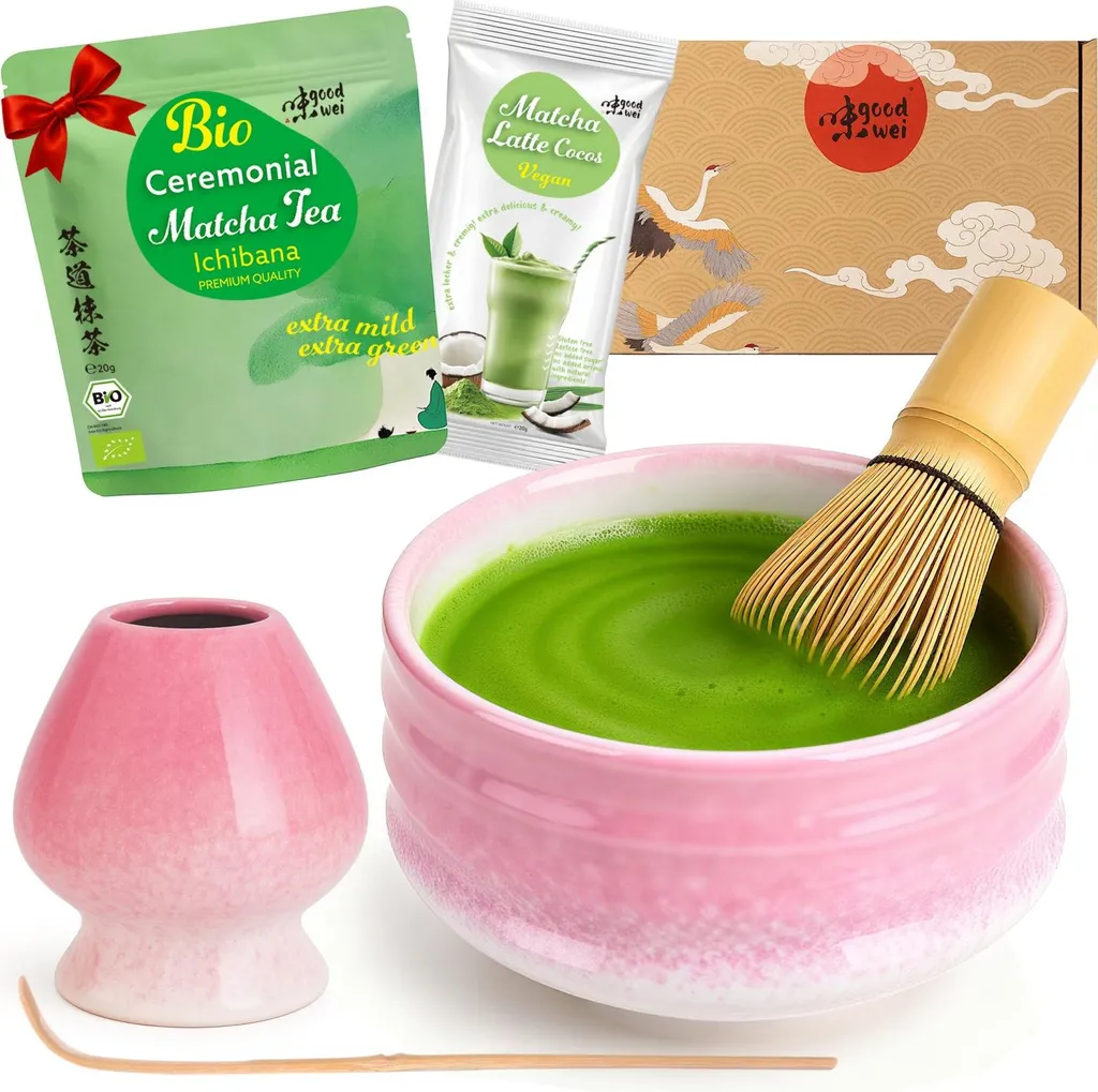 Goodwei Matcha Tea Ceremony Set "Sakura" with bowl, whisk, whisk holder & matcha powder + coconut – elegant complete set for matcha enjoyment and ceremony 935g