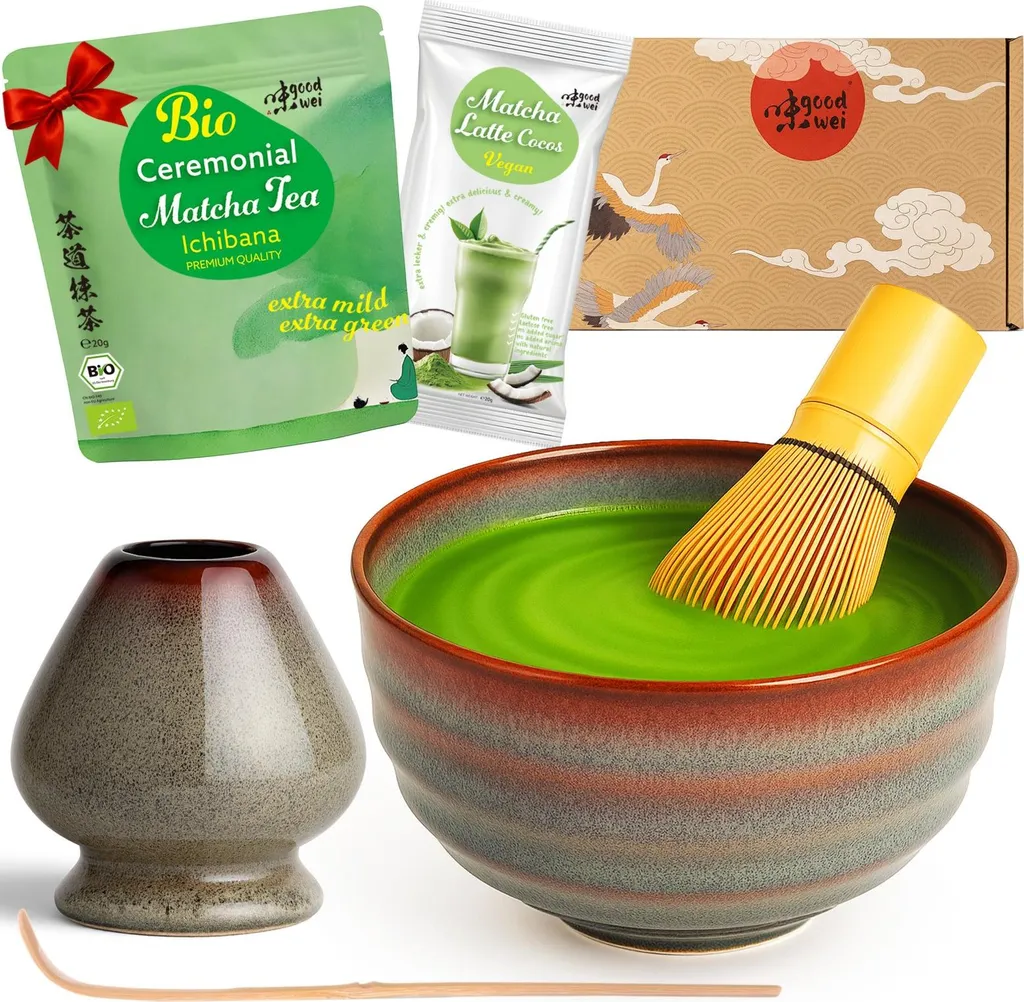 Goodwei Matcha Tea Ceremony Set "Uji" with bowl, whisk, whisk holder & matcha powder + coconut – complete Japanese set for beginners 643g