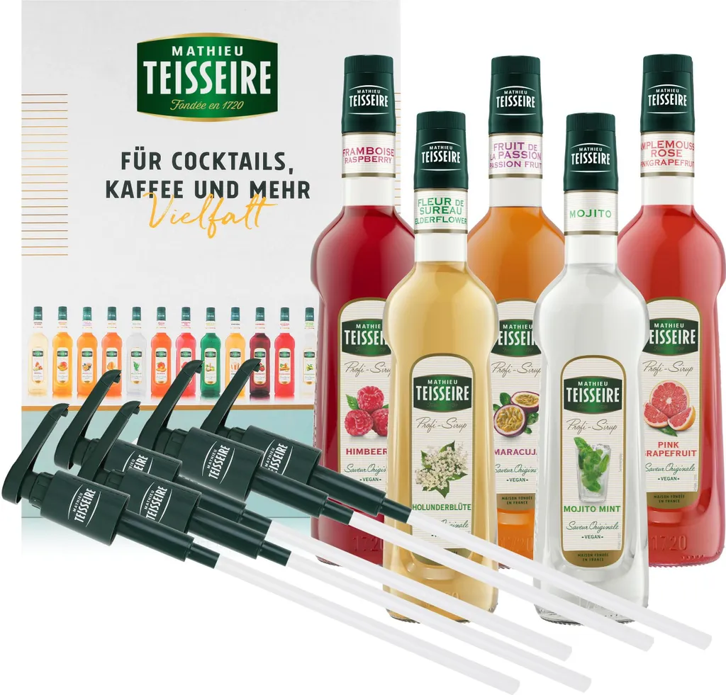 Mathieu Teisseire Drink Syrup Cocktail Set - 5x Syrup 700ml & 5x Dosing Pumps
