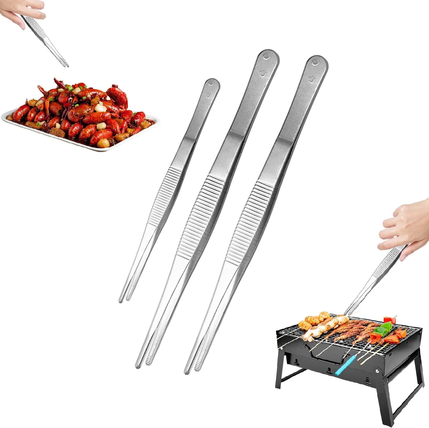 MAX COOK Set of 3 Cooking Tweezers Stainless Steel Tweezers Kitchen 20 cm and 30 cm Long Barbecue Tweezers Non-Slip Kitchen Tweezers Ideal as Barbecue Tweezers and Meat Tongs