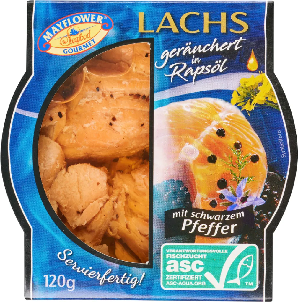 Mega-Paradies May Flower smoked salmon fillet with black pepper in rapeseed oil 75g