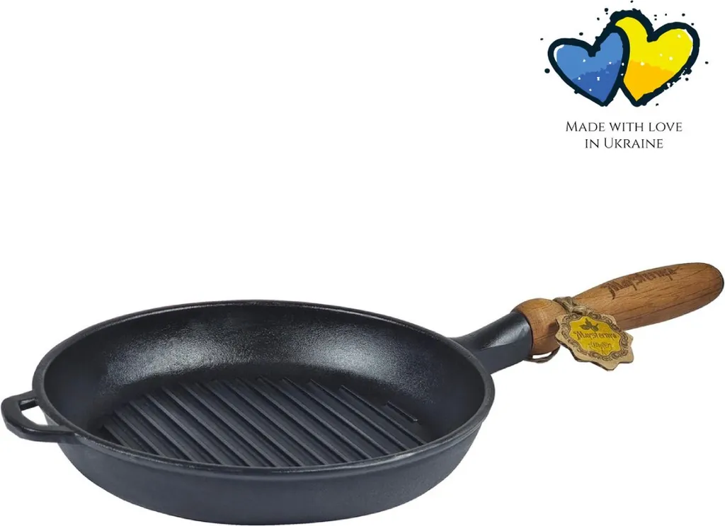 MAYSTERNYA Cast Iron Grill Pan with Wooden Handle – ø 24 x 4 cm – Induction Compatible – Universal Cooking Pan – Open Fire Cooking – Black