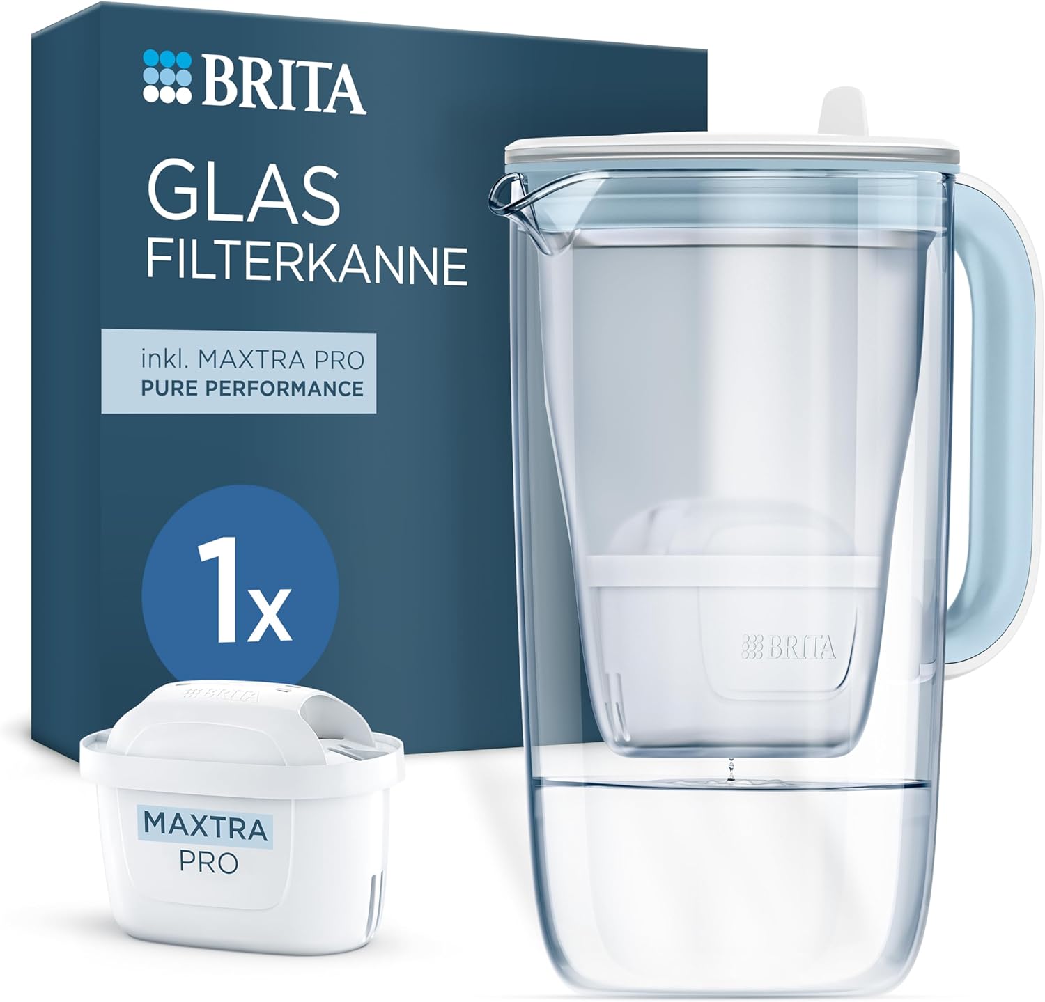 BRITA Water Filter Jug Glass Light Blue (2.5 L) Including 1 Maxtra Pro Pure Performance Cartridge - Premium Glass Jug with Smart Light LED & Hinged Lid - Filters Impurities, Lime, Metals etc.