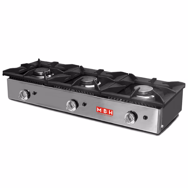 MBH - Professional 3-burner gas cooker for the catering industry. Professional tabletop cooker for industrial bar and restaurant kitchens.