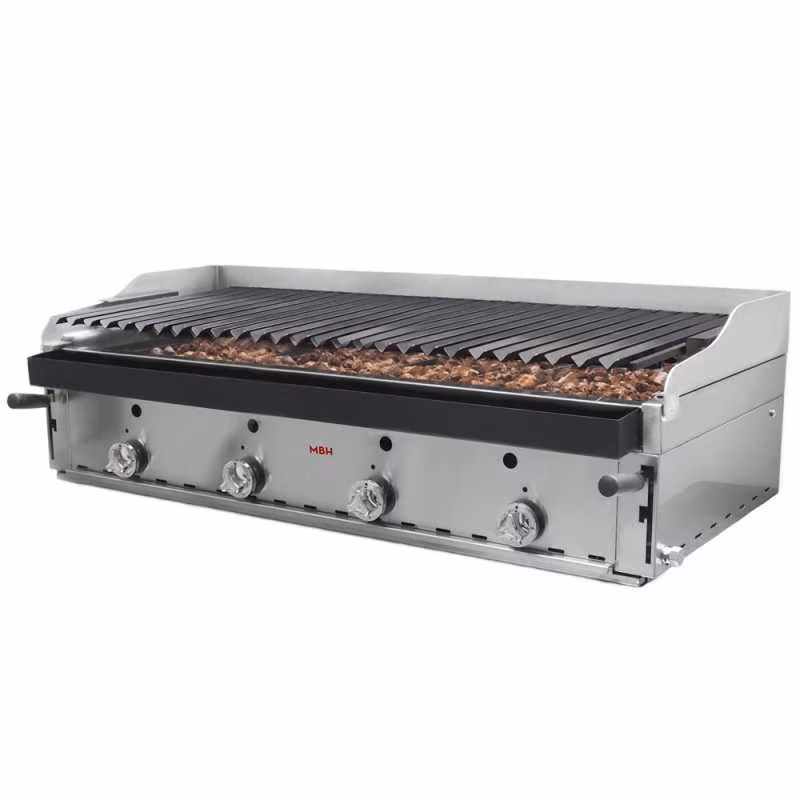 MBH - Professional 120cm gas lava rock grill, economical. Industrial grill with blued grill and bib for bars and restaurants.