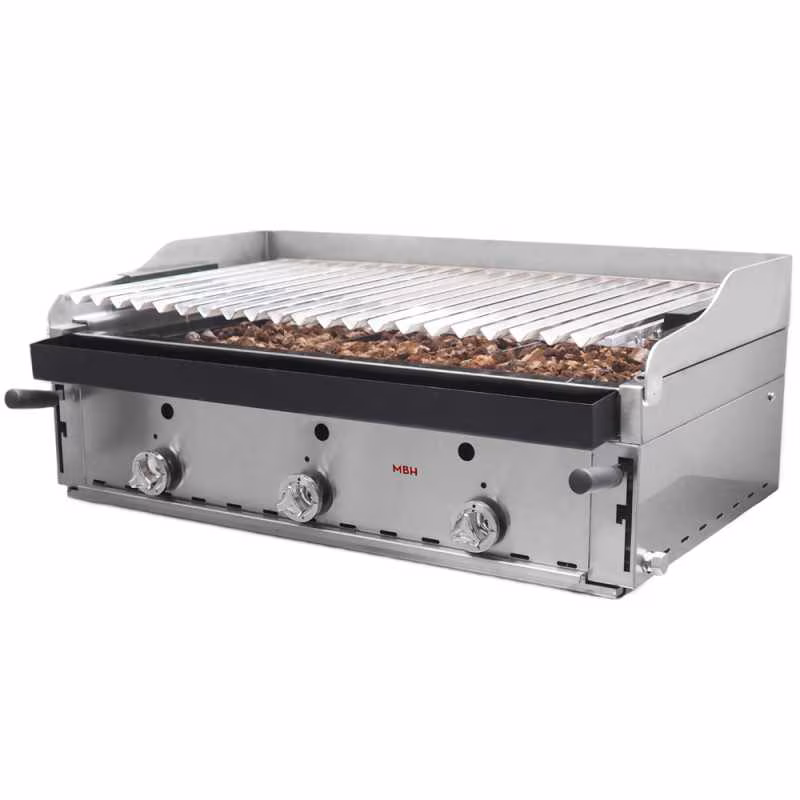 MBH - MAQUINARIA BAR HOSTELERIA MBH - Professional Gas Lava Stone Grill 90 cm. Industrial grill with stainless steel grill and bib for bars, restaurants and catering.