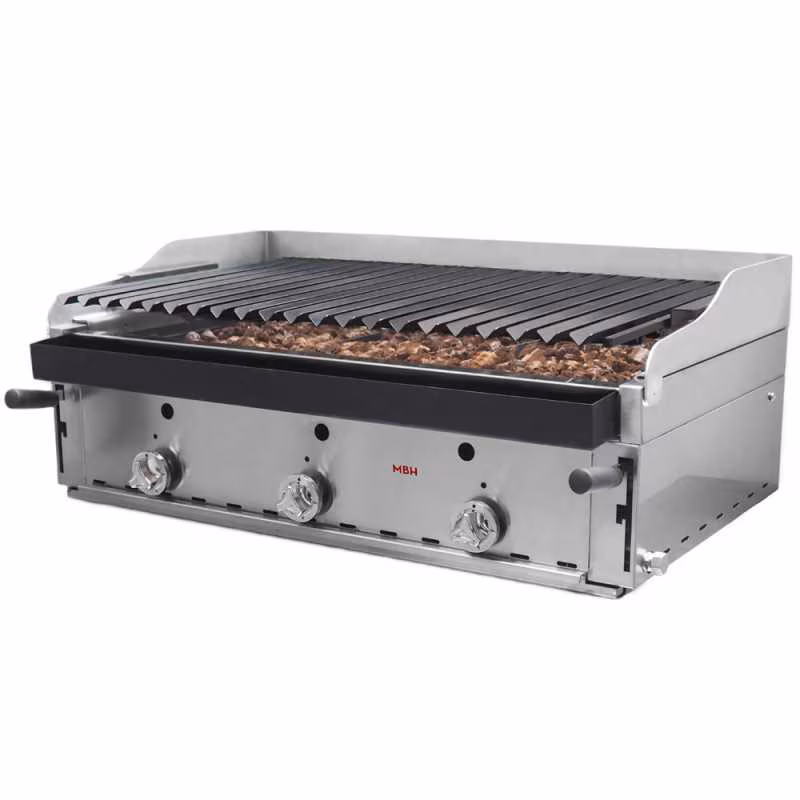 MBH - MAQUINARIA BAR HOSTELERIA MBH - Professional 90cm gas lava rock grill, economical. Industrial grill with blued grill and bib for bars and restaurants.