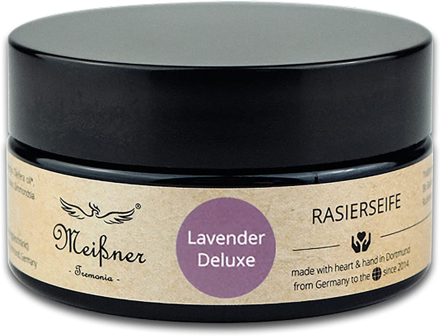 Meißner Tremonia Shaving Soap for Wet Shaving - Hand-Boiled in Copper Kettle for an Exciting Fragrance thanks to the Natural, Essential Oils - 95 g Purple Glass Jar (Lavender Deluxe)