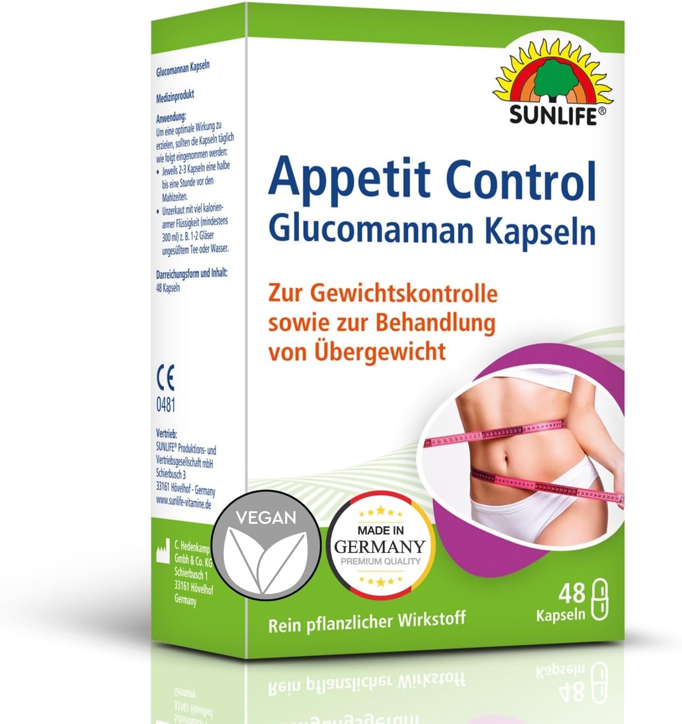 Sunlife Store SUNLIFE Apetit Control Capsules, 1 x 48 Pieces, High-Quality 400 mg Glucomannan Capsules, Swelling Appetite Suppressant Capsules, Pure Vegetable Dietary Supplement without Preservatives