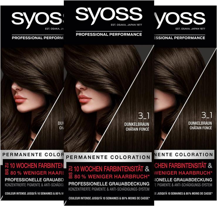 Syoss Professional Performance Permanent Coloration, High-Quality Hair Color, 3_1 Dark Brown, Pack of 3 (3 x 115 ml)