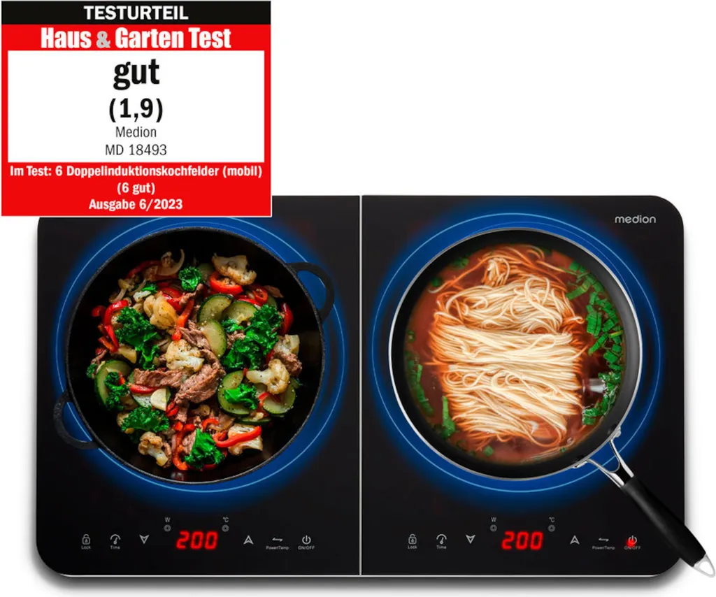 MEDION Double Induction Cooktop, 3500 Watts, Two Cooking Zones, 10 Temperature Levels, LED Display, MD18493, Black