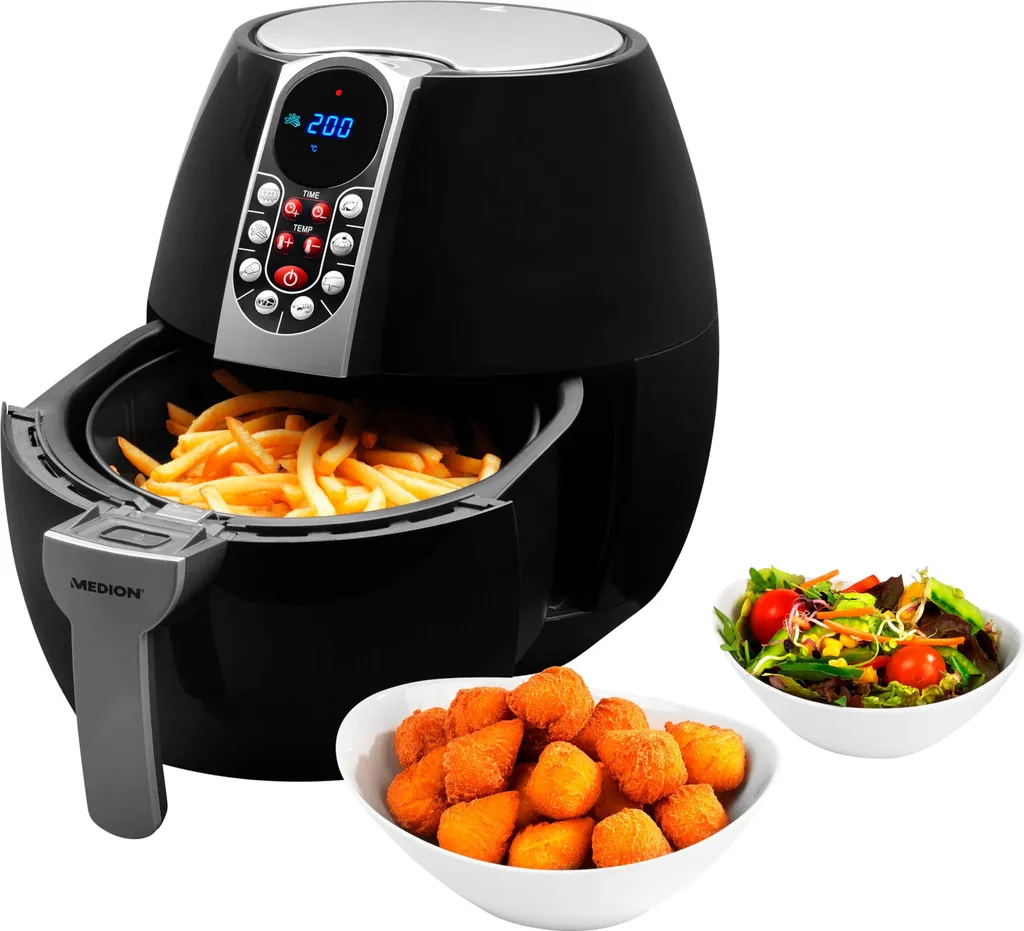 MEDION E10 S Hot Air Fryer (approx. 1500 watts, air fryer, digital control panel, total usable capacity 4 liters, oil-free frying, 30-minute timer, overheat protection, MD 17320) black