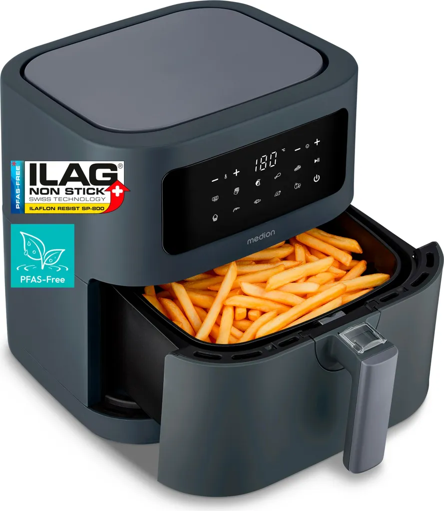 MEDION E40 XL Hot Air Fryer (5.2 liters, 2,150 watts, 9 automatic programs, baking function, oil-free frying, touch control panel, LED display, ILAG PFAS-free) matte grey