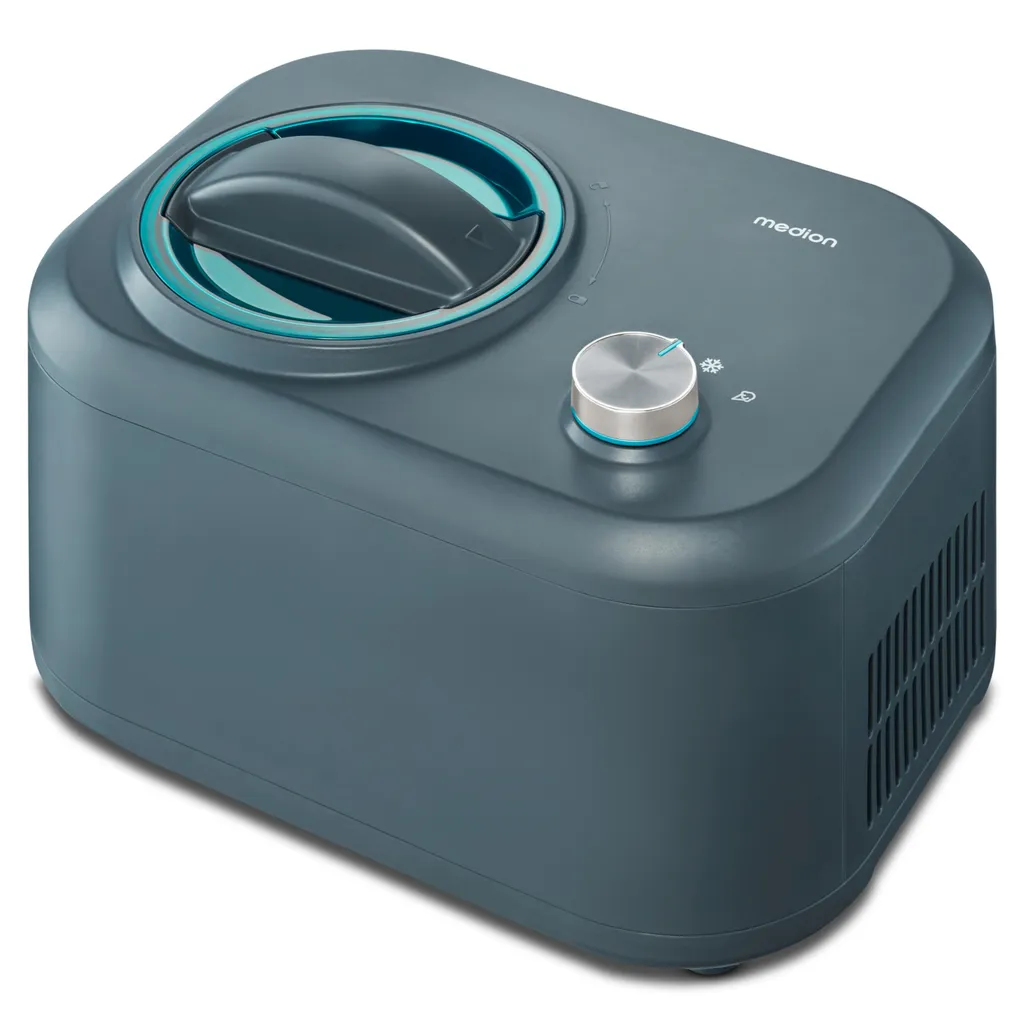 MEDION ice cream maker with compressor (self-cooling, suitable for preparing ice cream, frozen yogurt & sorbet, 1 liter, 100 watts, aluminum ice cream container, MD 10169)