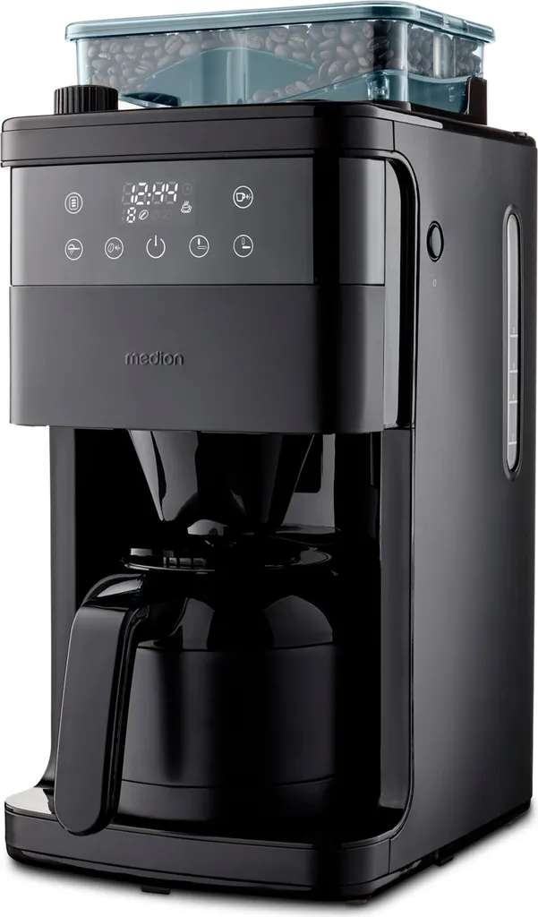 MEDION coffee machine with grinder and thermos flask (1 liter, max. 8 cups, 8 grind settings, max. 1000 watts, timer, LED display, drip stop, permanent filter, MD19911)