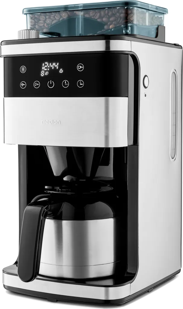 MEDION coffee machine with grinder and thermos flask (1 liter, max. 8 cups, 8 grind settings, max. 1000 watts, timer, LED display, drip stop, permanent filter, MD19911)