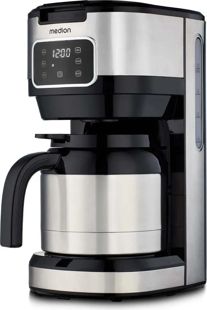 MEDION coffee machine with thermos flask and timer (filter machine, 10 cups, 1.25 liters, 900 watts, timer, anti-drip, display, MD11019) stainless steel