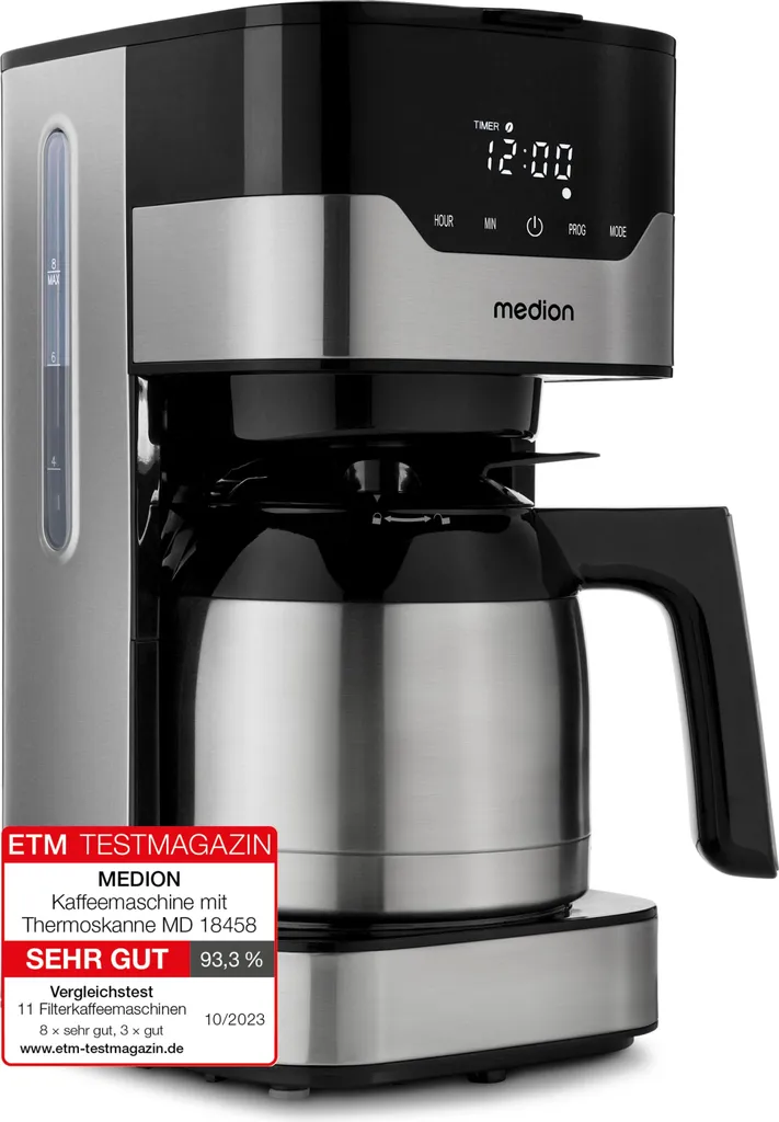 MEDION Coffee Maker with Thermos and Timer (Filter Machine, 8 Cups, 1.2 Liters, 900 Watts, 3 Settings, Keep Warm Function, Timer, Anti-Drip, Display, MD18458) Stainless Steel