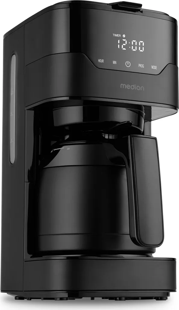 MEDION Coffee Maker with Thermos and Timer (Filter Machine, 8 Cups, 1.2 Liters, 900 Watts, 3 Settings, Keep Warm Function, Timer, Anti-Drip, Display, MD18458) Stainless Steel