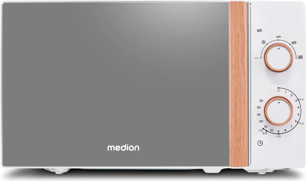 MEDION Small Microwave (Wood Look, Freestanding, 20 Liters, 700 Watts, Mirrored Door, 5 Power Levels, Defrost Function, Timer, MD10596) White