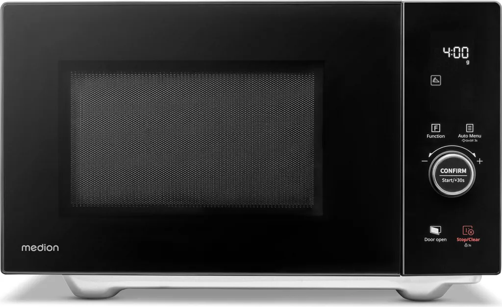 MEDION Microwave with Grill and Hot Air (25 Liters, 900 Watts, 1100 W Top Grill & 500 W Bottom Grill, 2100 Watt Hot Air Function, 11 Programs, 10 Power Levels, Stainless Steel, MD12041) [MODEL 2025]
