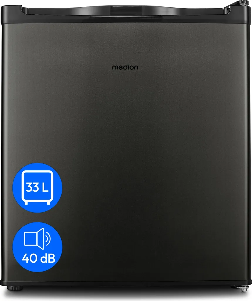 MEDION Mini Freezer (33 Liter net capacity, 51cm high, height-adjustable feet, recessed handle, manual temperature setting, 4-star rating, MD37675) grey