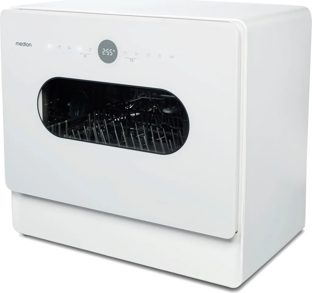 MEDION Mini Dishwasher DWT51 (Tabletop dishwasher with touch control panel, bucket function, 5 place settings, works with/without water connection, 7 cleaning programs, start time delay, MD 37766) white